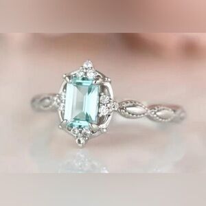 “Queen of Tiffany” Aquamarine Emerald Cut Ring Size 7- NWT